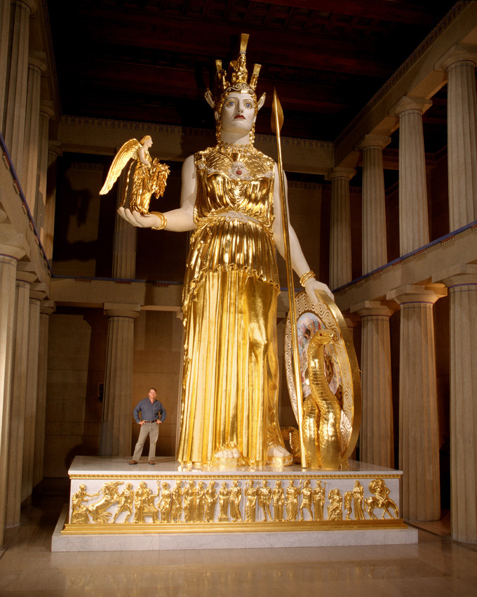 This is a photo of a life-size, gigantic reconstruction of Phidias's Athena Parthenos.
