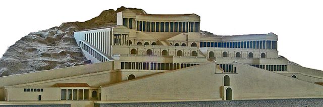 This is a photo of a scale model of the Sanctuary of Fortuna Primigenia. It shows the spectacular series of terraces, exedras and porticos on four levels down the hillside, linked by monumental stairs and ramps.