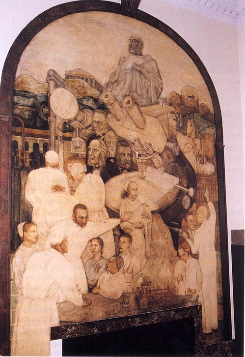 A panel of the mural that includes a variety of scientific instruments and portraits of the fathers of Western medicine.