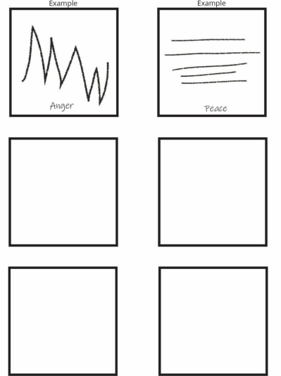 A group of six squares. One example is of anger, represented by jagged lines. The other example is of peace, represented by soft, horizontal lines.