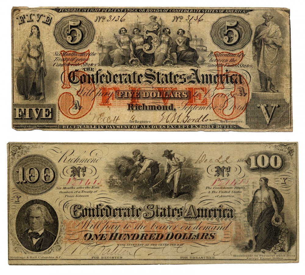 These photographs show two pieces of Confederate currency, a five and one hundred dollar bill.