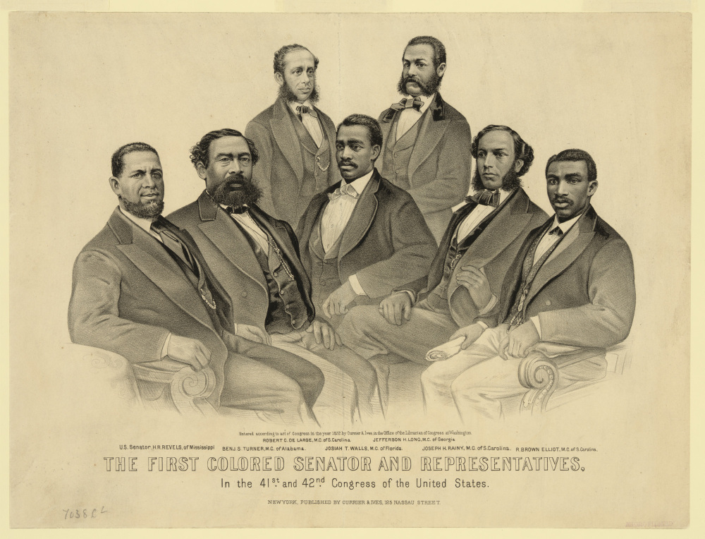 Picture of Hiram Revels with six black representatives all from former Confederate states.