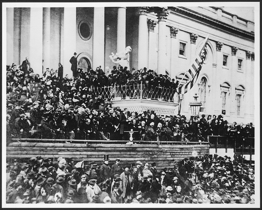 Large crowds around the U.S. Capitol, President Lincoln delivered his inaugural address.