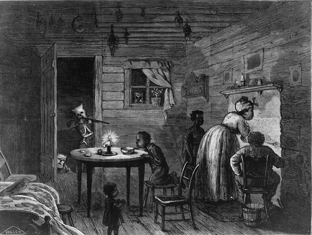 This Harper's Weekly print shows a member of the Ku Klux Klan firing a gun into a Black home. 