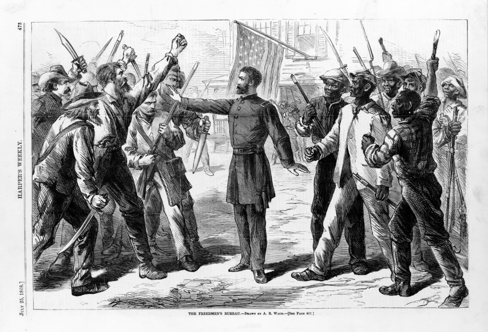 Print shows a soldier in the Freedmen's Bureau between angry white men and Black men.