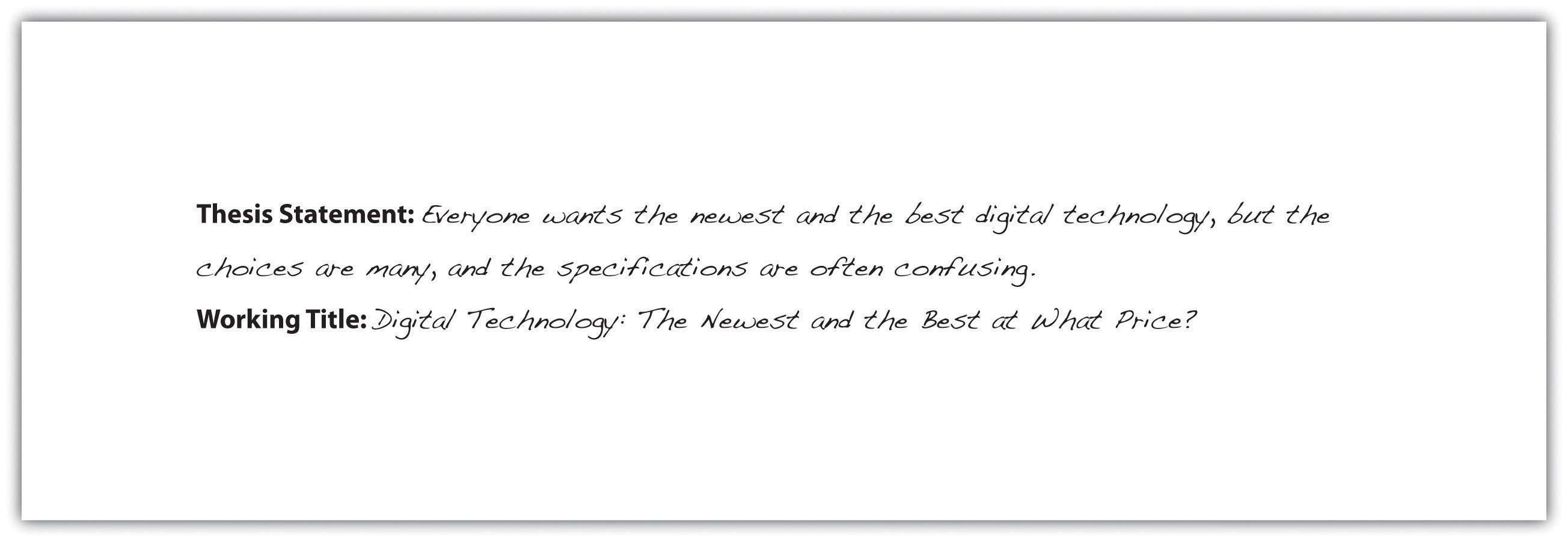 Thesis Statement: Everyone wants the newest and the best digital technology, but the choices are many, and the specifications are often confusing. Working Title: Digital Technology: The Newest and the Best at What Price?