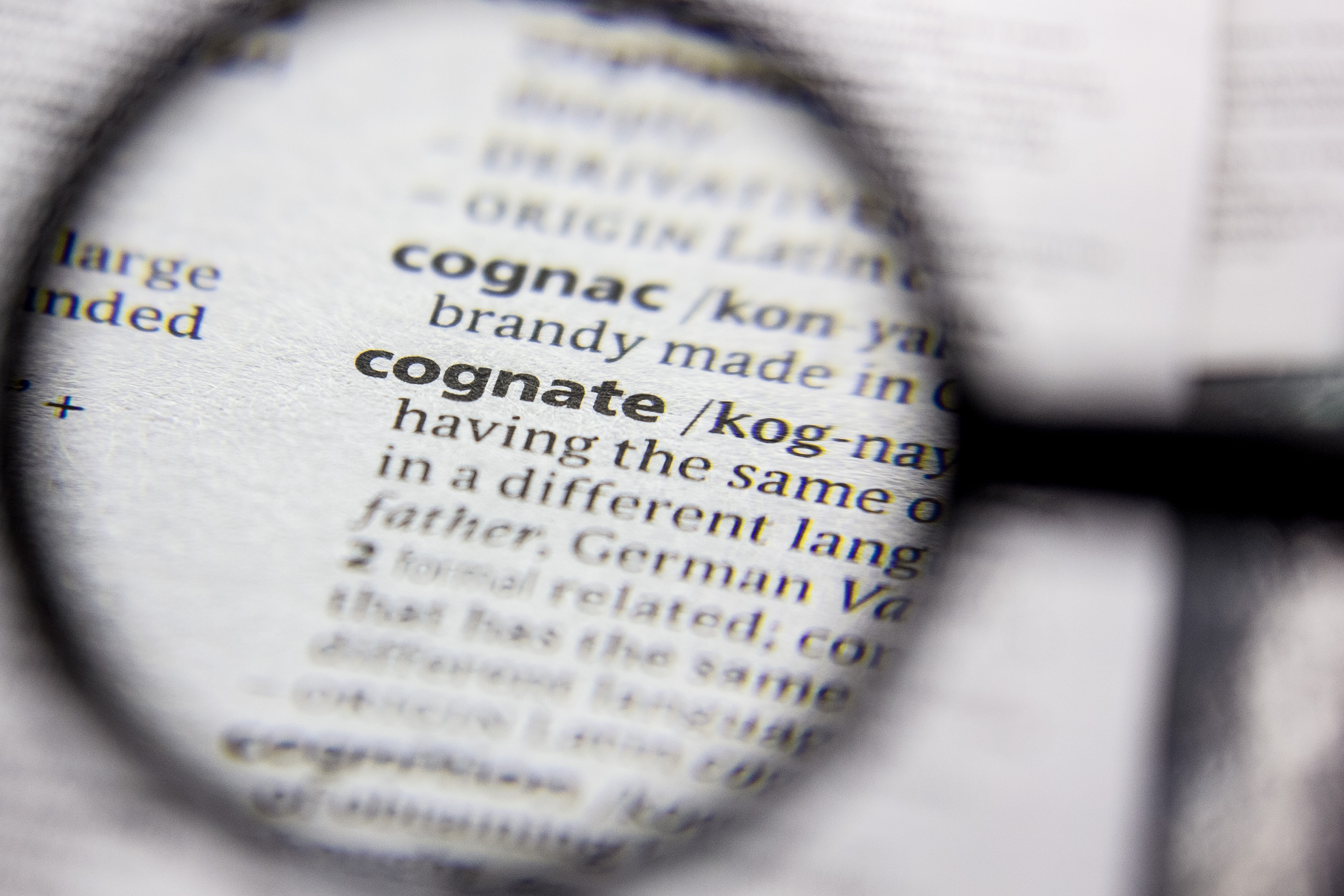 A magnifying glass highlights the word cognate in a dictionary, showing its pronunciation and definition related to words with a common origin in different languages.