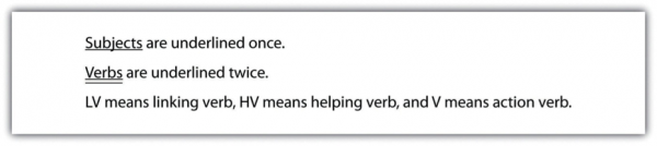 Subjects (underlined) are underlined once. Verbs (underlined) are underlined twice. LV means linking verb, HV means helping verb, ad V means action verb.