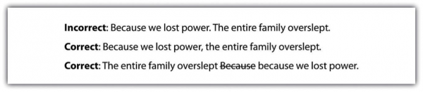 Incorrect: Because we lost power. The entire family overslept. Correct: Because we lost power, the entire family overslept. Correct: The entire family overslept because we lost power.