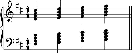 Four root position seventh chords going up by a step