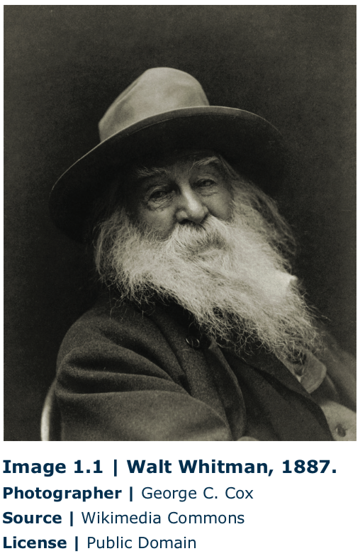 Retrato de Walt Whitman, con enorme barba blanca, cejas tupidas y sombrero muy gastado, mirando juguetonamente a la cámara