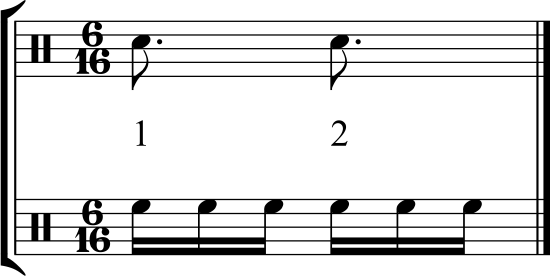 A measure in six sixteenths that shows two dotted eighth note beats and the subdivision