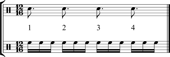 Four dotted eighth notes and the sixteenth note subdivision
