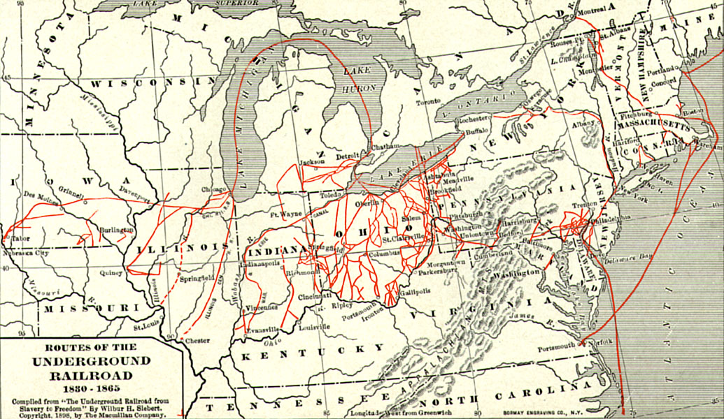 Map of the Eastern United States and the routes of the underground railroad