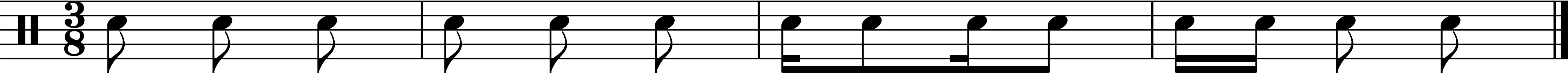 Four measures in 3/8 with measure three having sixteenth, eighth, sixteenth, eighth all beamed together