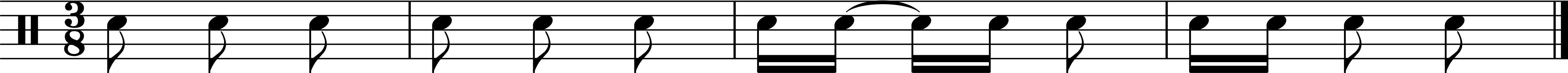 Same four measures as the above example, but rewritten to use a tie