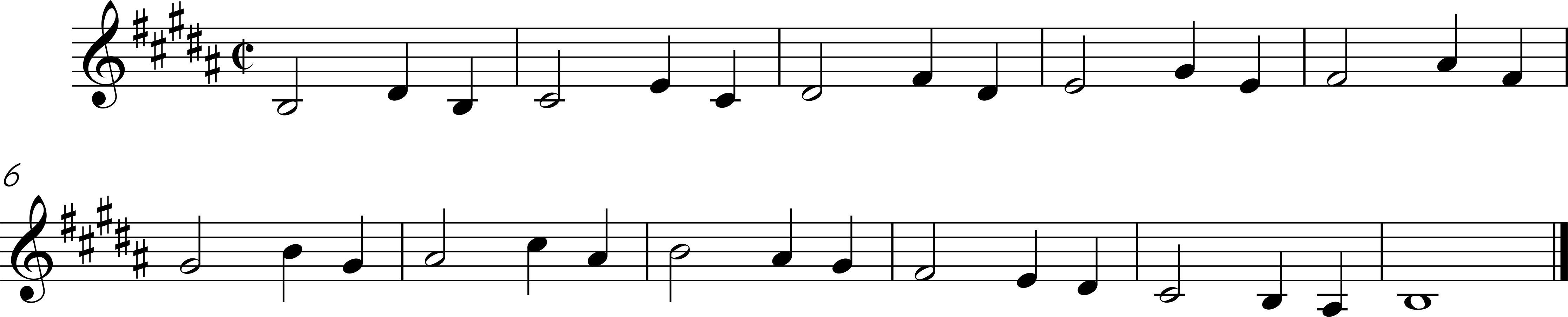 Warm up exercise in the key of B major and in cut time that focuses on thirds