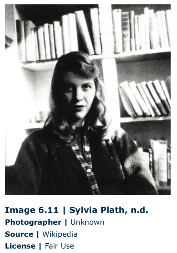 Retrato de Sylvia Plath, una mujer blanca con flequillo ondulado sonriendo abiertamente a la cámara, en una biblioteca