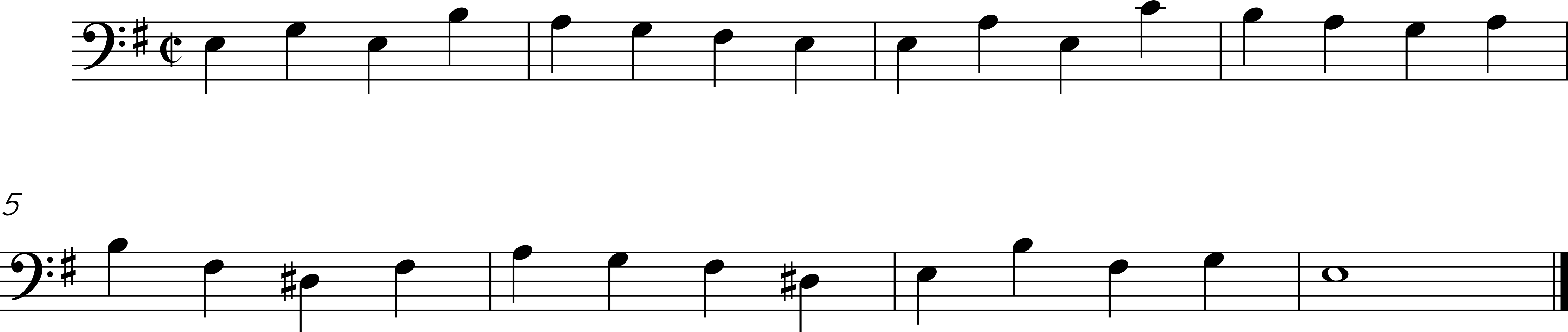 Eight measures in the key of E minor, bass clef, cut time time signature