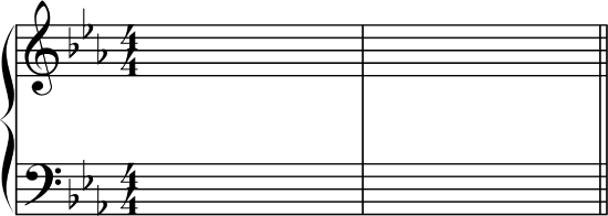 Grand staff, two measures in 4/4. Three flats in key signature