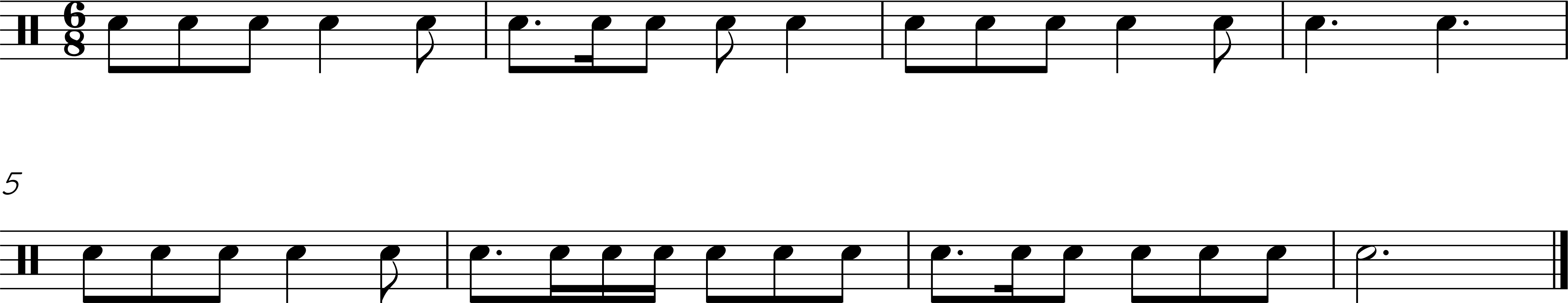 Eight measures in 6/8 using dotted eighths for syncopation