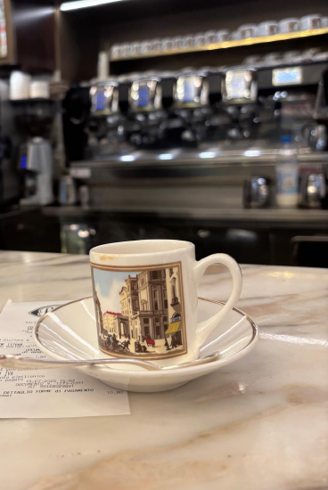 An espresso cup served in a traditional Milan café .