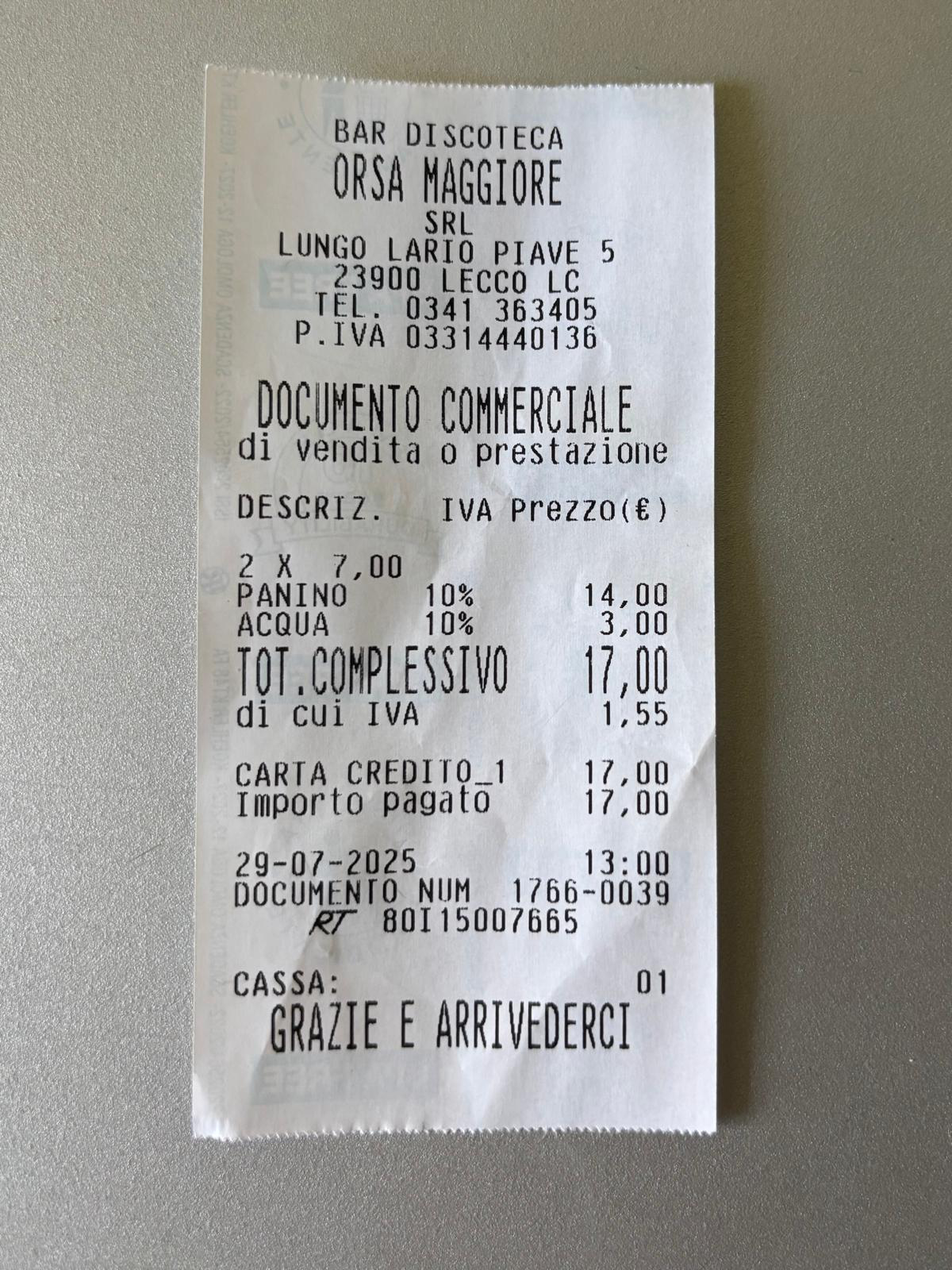 A receipt from an Italian bar, showing a typical order and prices.