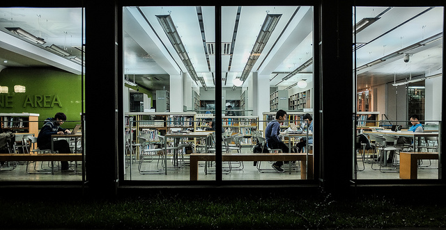 Looking inside library windows at night