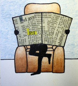 Drawing of a person sitting in a chair, newspaper in front of his face