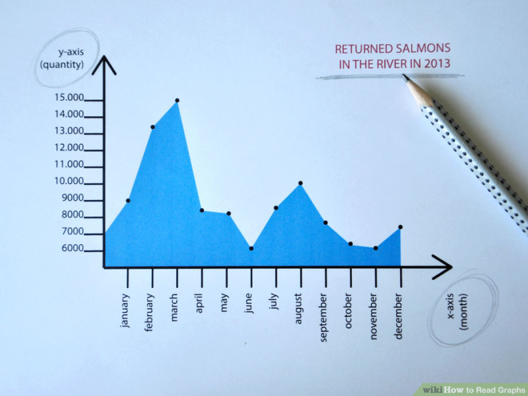 Graph: Returned salmons in the river in 2013. Vertical line is labeled "y-axis (quantity)" and is circled in pencil. Increments start at 6000 at the bottom, with one line for every increasing 1000 up to 15,000 at the top. Horizontal line is labeled “x-axis (month)” and is circled in pencil. Every month of the year is marked, beginning with January at the left and ending with December on the right. Points appear at the appropriate intersection of every month/ number pairing, and everything under the implicit line connecting the dots is shaded blue. The graph shows a peak of 15,000 salmon in March, a trough of 6000 salmon in June, along with a general downward trend towards the end of the year.