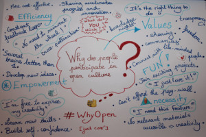 Writing on whiteboard. In red, central, "Why do people participate in open culture?" Clockwise, around this central question, is written Sharing accelerates progress and innovation. What do you think? Knowledge rights. "It's the right thing to do." Value. Transparency. Sharing. Freedom. Community. Connect with like-minded people. Fun! Join exciting projects. "I just love it!" Can't afford the pay-wall. Necessity. "I need this feature." No relevant materials. Accessible = creativity. #WhyOpen. [just coz']. Build self-confidence. Learn new skills. "I'm free to express my creativity." Empowerment. Develop new ideas. Several brains better than 1. "No need to reinvent the wheel." Cross-pollination. Constant feedback loops. Efficiency. More cost-effective.