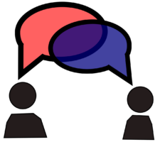 Illustration of two people with overlapping speech bubbles, one pink and one blue (forming purple where they overlap)