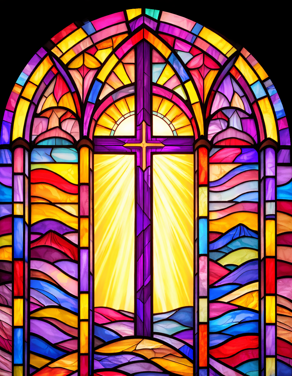 Picture of stain glass window in the shape of a cross