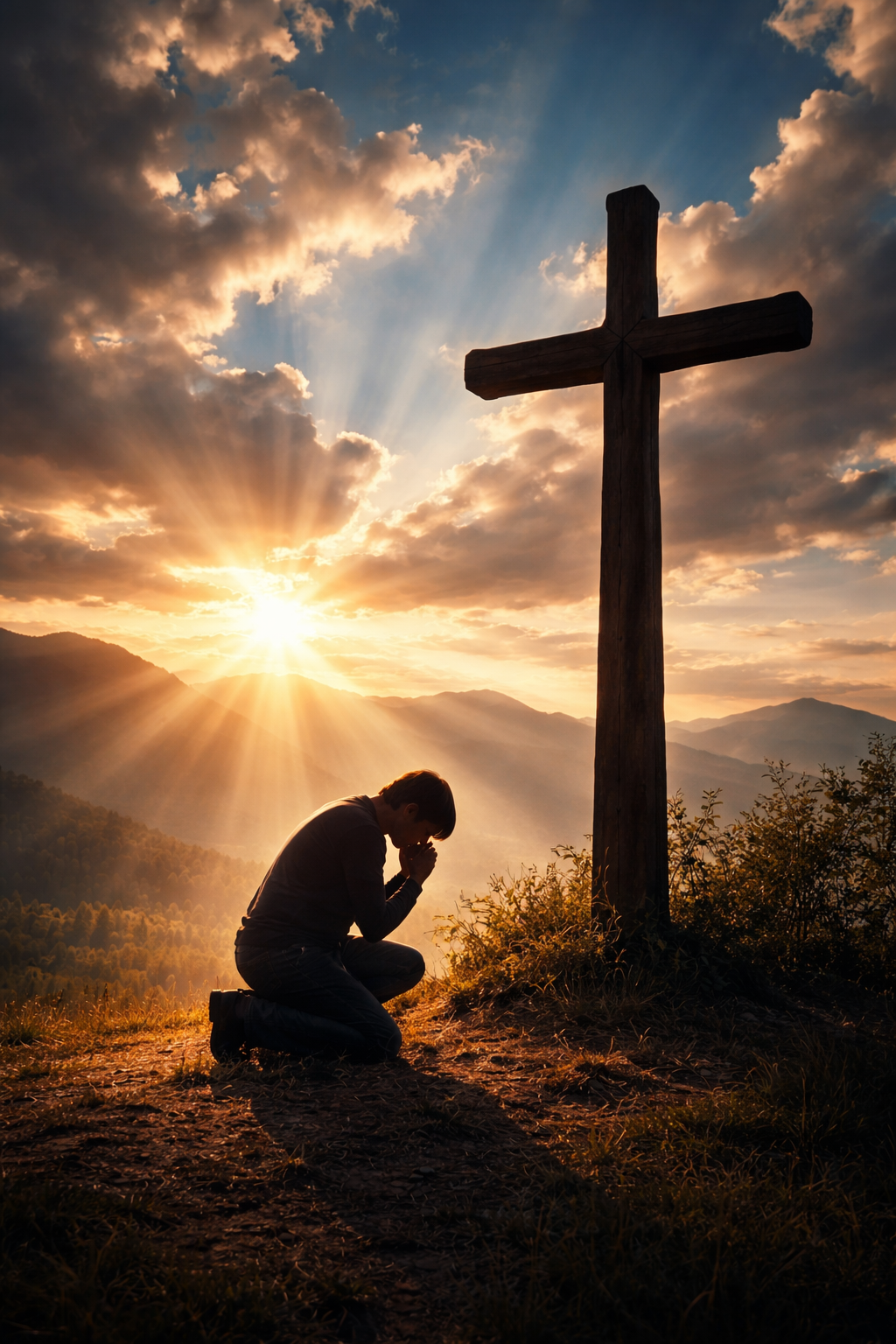 Image of someone praying by a large cross
