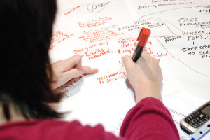 Looking over the shoulder of a woman writing on a white paper tablecloth with a red marker. "accessibility to service" can be seen near her pen; other less-legible phrases also appear. 