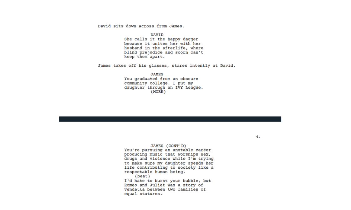 Screenplay pages showing dialogue that continues across a page break. James&rsquo;s dialogue ends at the bottom of one page with &ldquo;(MORE),&rdquo; indicating it continues. On the next page, the dialogue resumes under the character cue &ldquo;JAMES (CONT&rsquo;D),&rdquo; showing how continued dialogue is formatted in a screenplay.