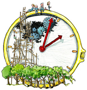 Drawing of a watch face, cut away near the top to reveal a series of gears. Scaffolding leads up from trees at the bottom of the watch face, to the open gear area, to the top of the watch where four work crew members relax and enjoy the view