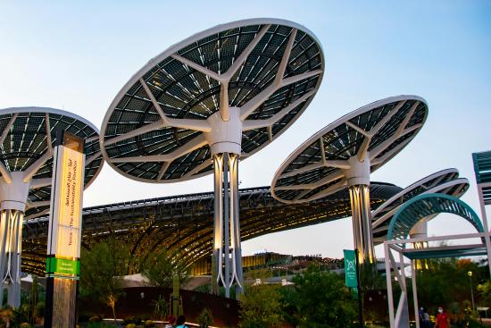 Modern Solar panels in Dubai standing up high as the sape of flower. 