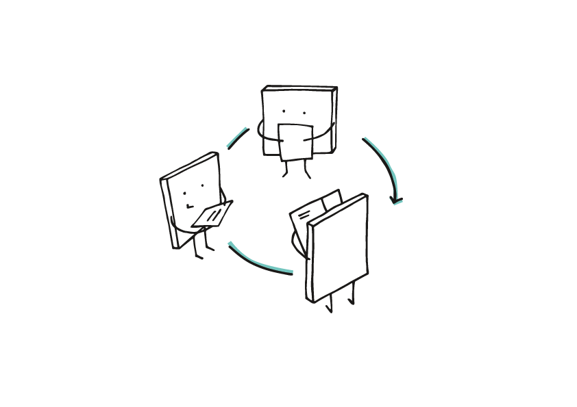 An illustration of the peer review process, showing three cartoon figures with computer monitor heads passing documents to each other in a circular flow.
