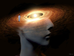 grayscale image of a woman's head and neck. Above her nose, in place of her eyes and brain, is a color image of a galaxy, with a person in white garb walking around the ringed edge
