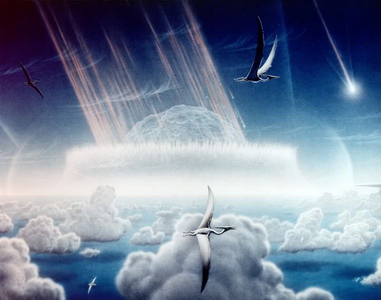 An asteroid slamming into tropical, shallow seas of the sulfur-rich Yucatan Peninsula. Shown in this painting are pterodactyls, flying reptiles with wingspans of up to 50 feet, gliding above low tropical clouds.