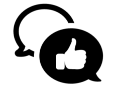 Icon of two speech bubbles; one has a thumbs-up sign in it