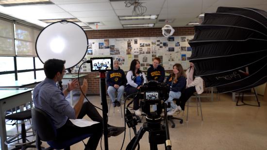 Shot of set of a group interview of students