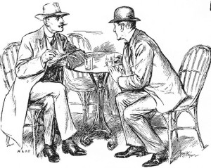 Drawing of two men sitting at a cafe table talking. They are wearing period dress (bowlers, suits, bow ties).