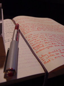 Foto de un diario abierto con una página completa de escritura a mano. Un bolígrafo rojo destapado se extiende sobre él, y el lomo de un libro es visible a la derecha