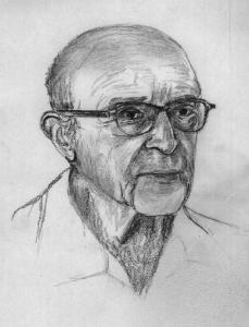 Dibujo lineal en blanco y negro de Carl Rogers. Se le muestra como un hombre mayor con gafas y camisa de cuello abierto