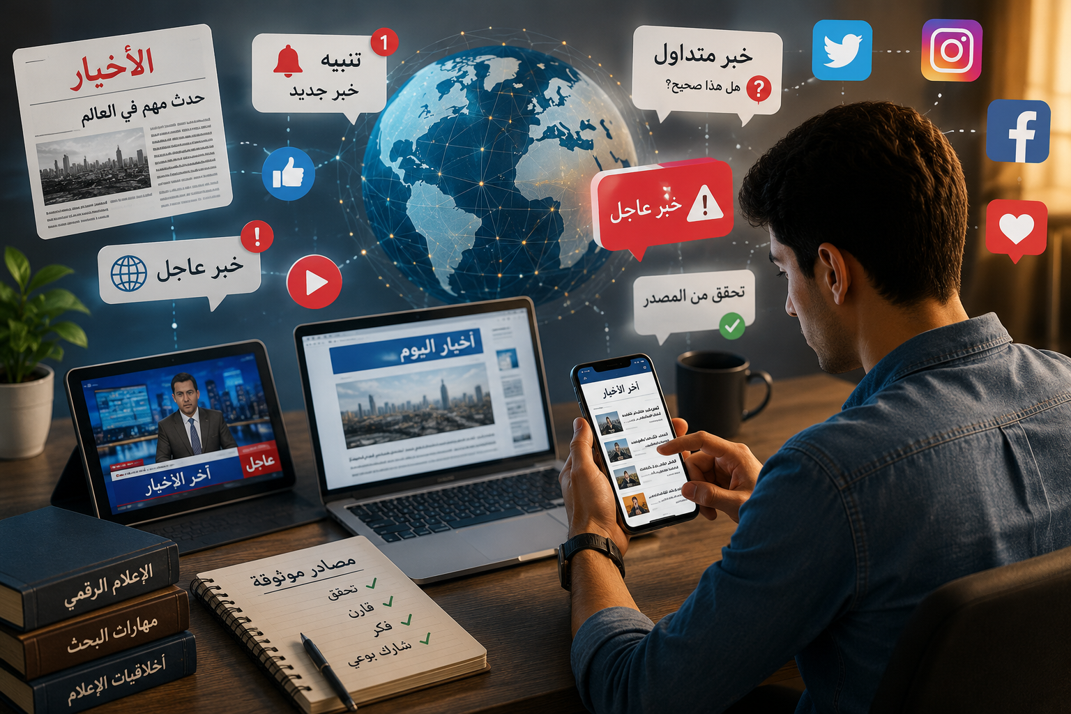 A young man sits at a desk looking at his smartphone, surrounded by floating news alerts and social media icons, with a world map behind showing global connections.