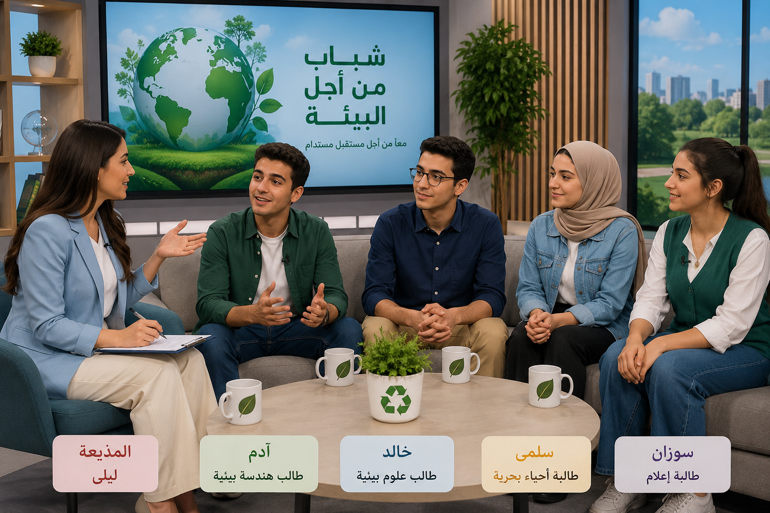 A TV host interviews four university students about environmental protection and sustainability in a modern television studio.