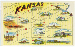 Poster titled "Kansas" with hand-drawn images of landmarks noted across the state