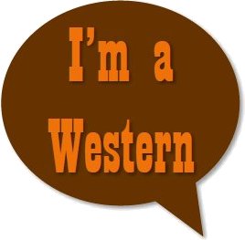 La frase “Soy un occidental” aparece en fuente naranja contra una burbuja de pensamiento marrón